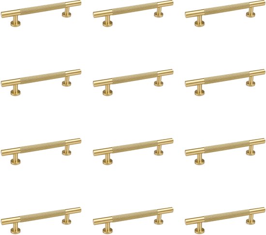 Twaalf gouden kastgrepen met een geribbeld middenstuk en platte uiteinden.