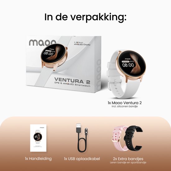 Verpakking van de gouden smartwatch met witte en roze bandjes, handleiding en USB-oplaadkabel. Inclusief de smartwatch zelf.