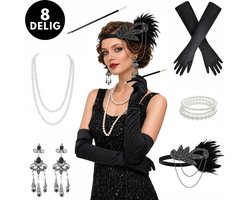 Ultiluxe® Charleston verkleedset dames - 8-delig - Jaren 20 outfit - Gatsby accessoire set - Hoofdband met veren - Luxe feest carnaval thema - Lange handschoenen, parelketting, oorbellen, armband, hoofdband, houder - Zwart