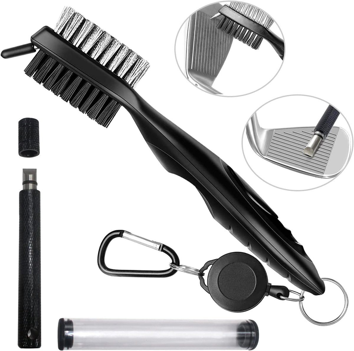 Golfborstel met Dubbele Kant, Nylon en RVS, Inclusief Sharpener en Aluminium Carabiner, Ideaal voor Golfaccessoires en Cadeaus