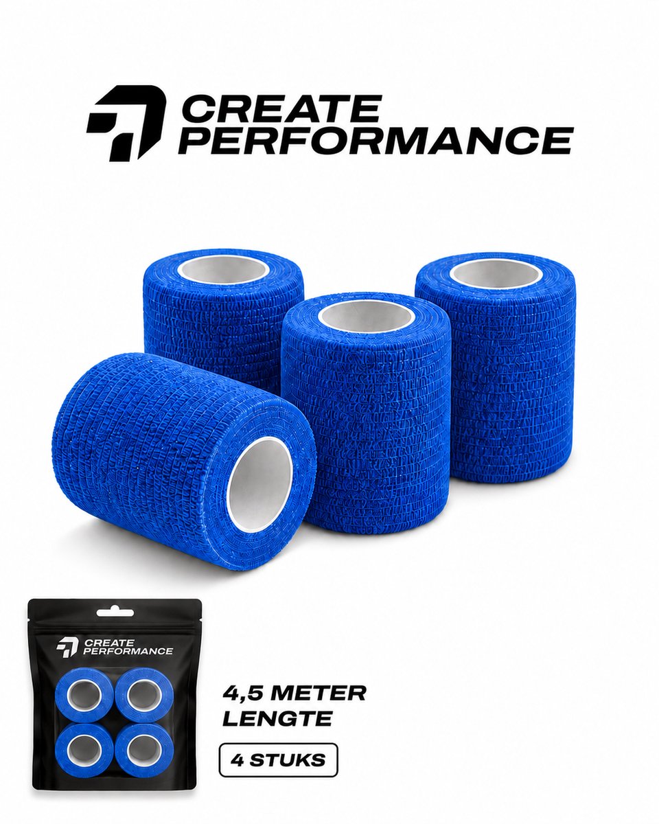 CREATE PERFORMANCE Voetbal Sokken Tape - Underwrap - Sokwrap - Cohesive Bandage - Sporttape - 4 stuks - 5cm x 4,5m - Blauw - Inclusief Tape Tasje
