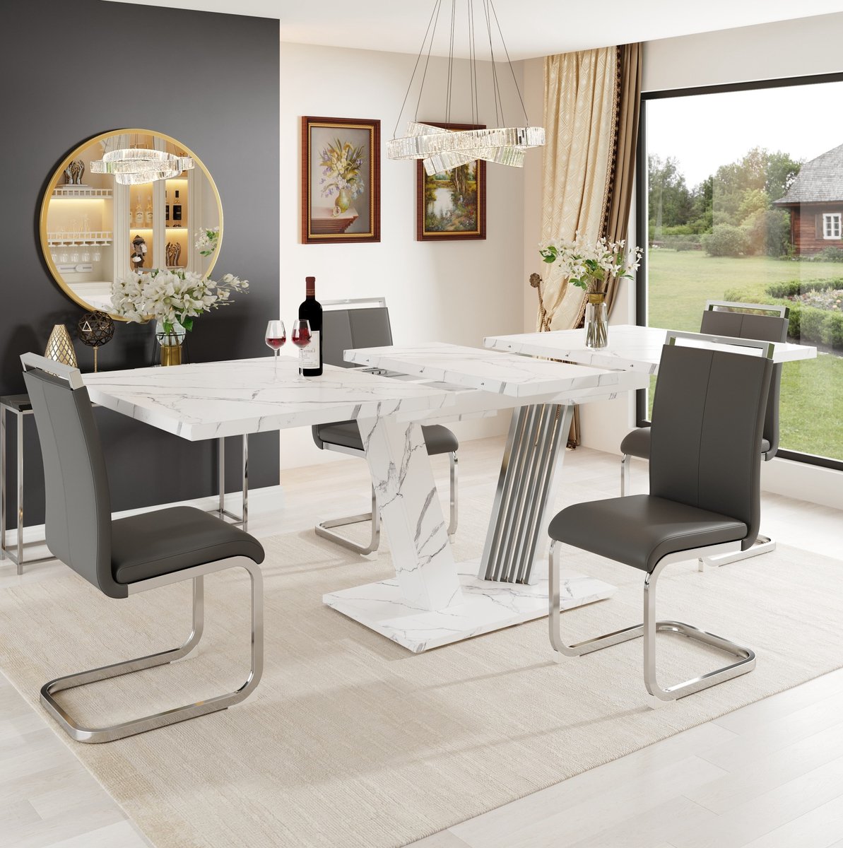 MODFU - Set Tafel En Stoelen - Uitschuifbare Eettafel Met 4 Stoelen - Wit En Grijs