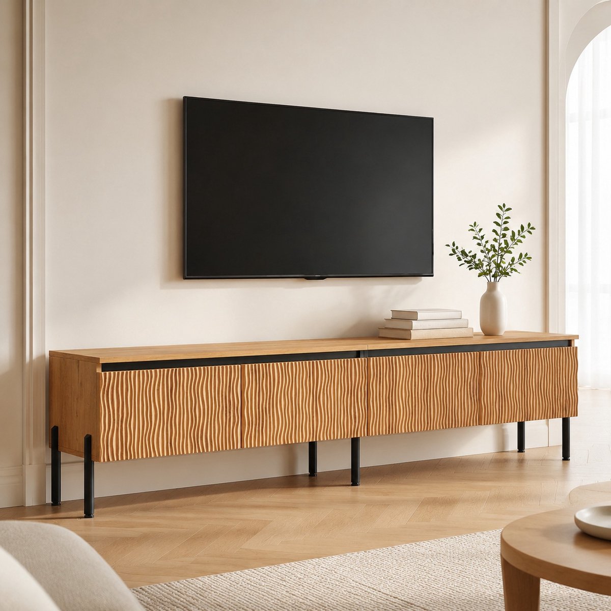MODENUIT TV Meubel - Wellenstructuur Met 4 Deuren En Kabeldoorvoer - Woonkamer - MDF En Spaanplaat - 180x35x43 Cm - Naturel