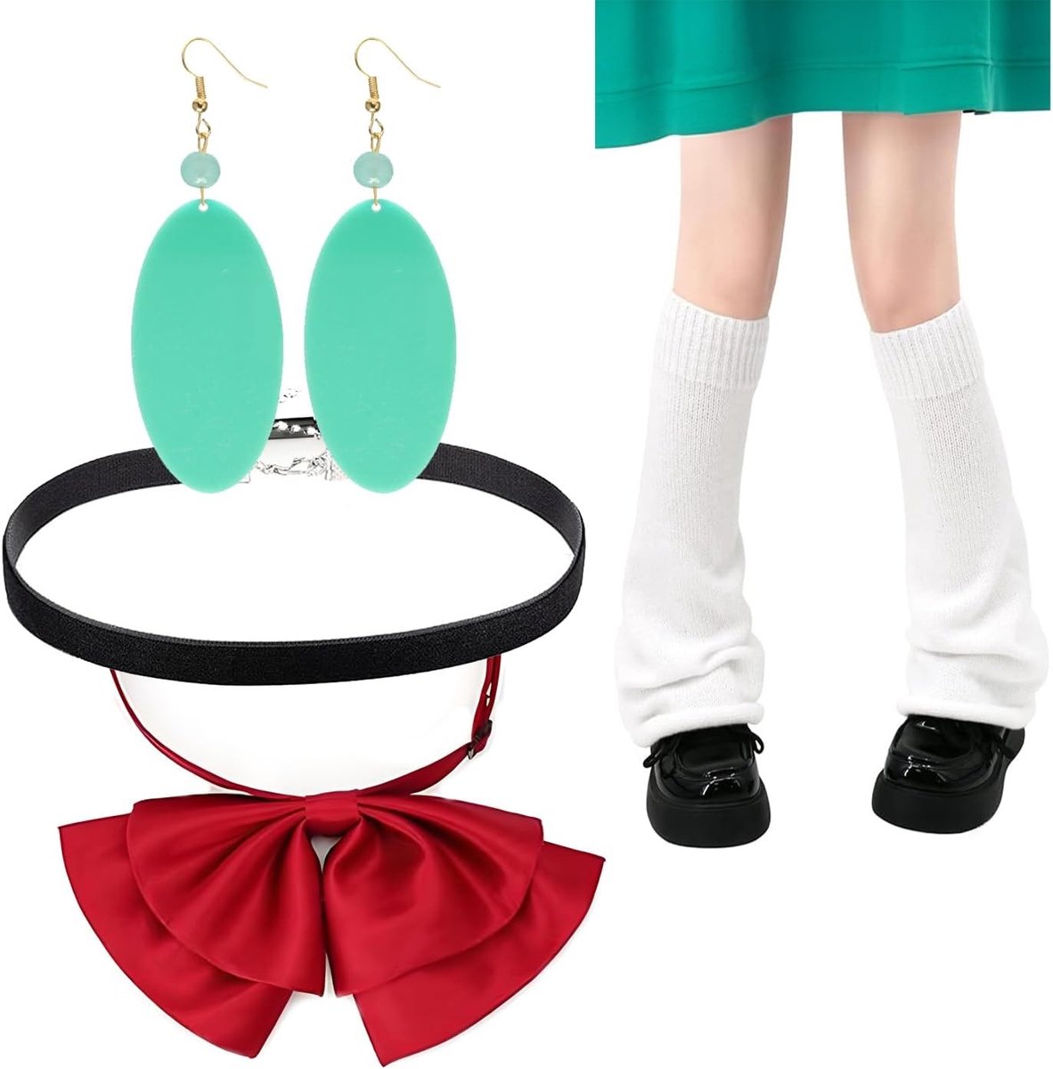 Anime Kawaii kostuumset met groene oorbellen, zwarte choker, rode vlinderdas en Y2K beenwarmers, 4-delige set voor cosplay en feestjes