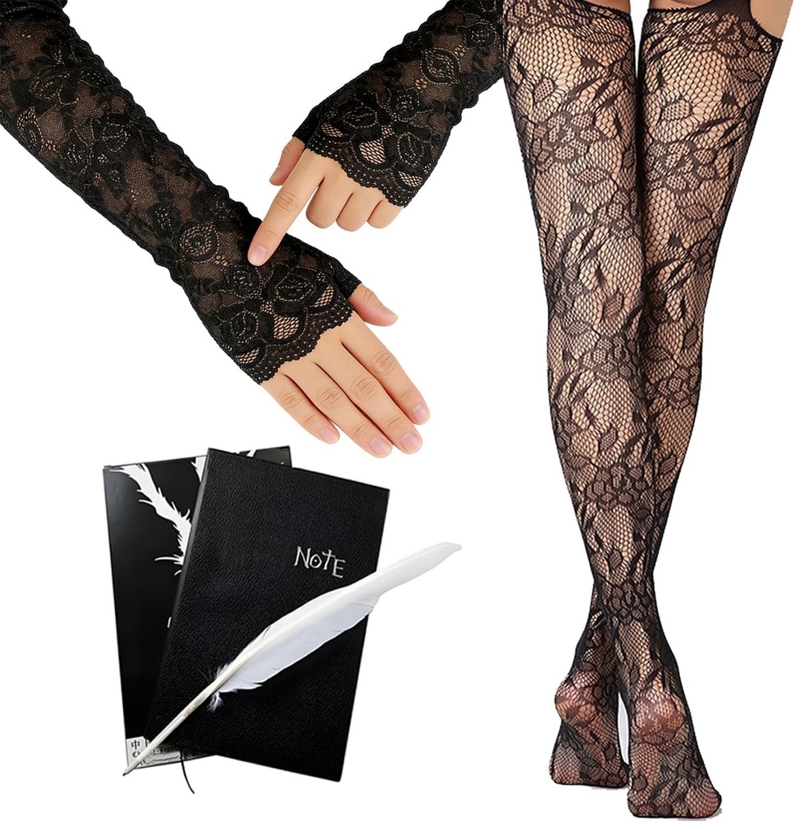 3-delige set met zwarte kant handschoenen, visnetkousen en notitieboek met veerpen voor cosplay, Halloween, gothic feest en kostuumaccessoires