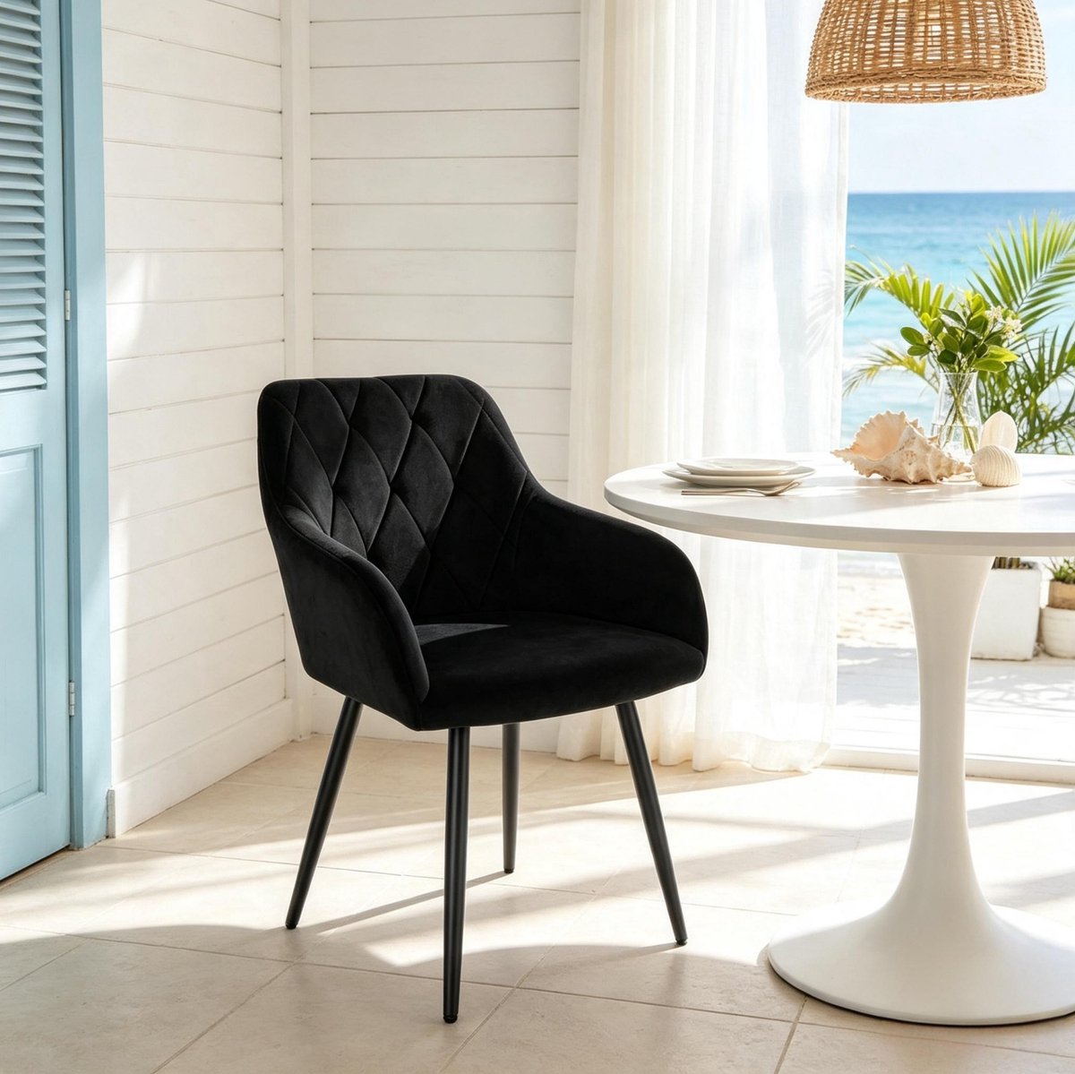 REDOM - Eetkamerstoel met armleuningen - Gestoffeerde velvet zitting en rugleuning - Metalen vierpoot - Modern design - Woonkamer en eetkamer - Velvet en metaal - Zwart - 79 cm