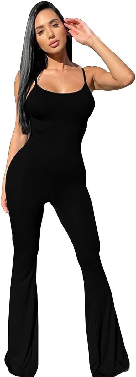 Dames Spaghetti Bandjes Lange Jumpsuit met Ronde Hals, Bodycon Pasvorm en Losse Broekspijpen voor Casual en Club Outfits