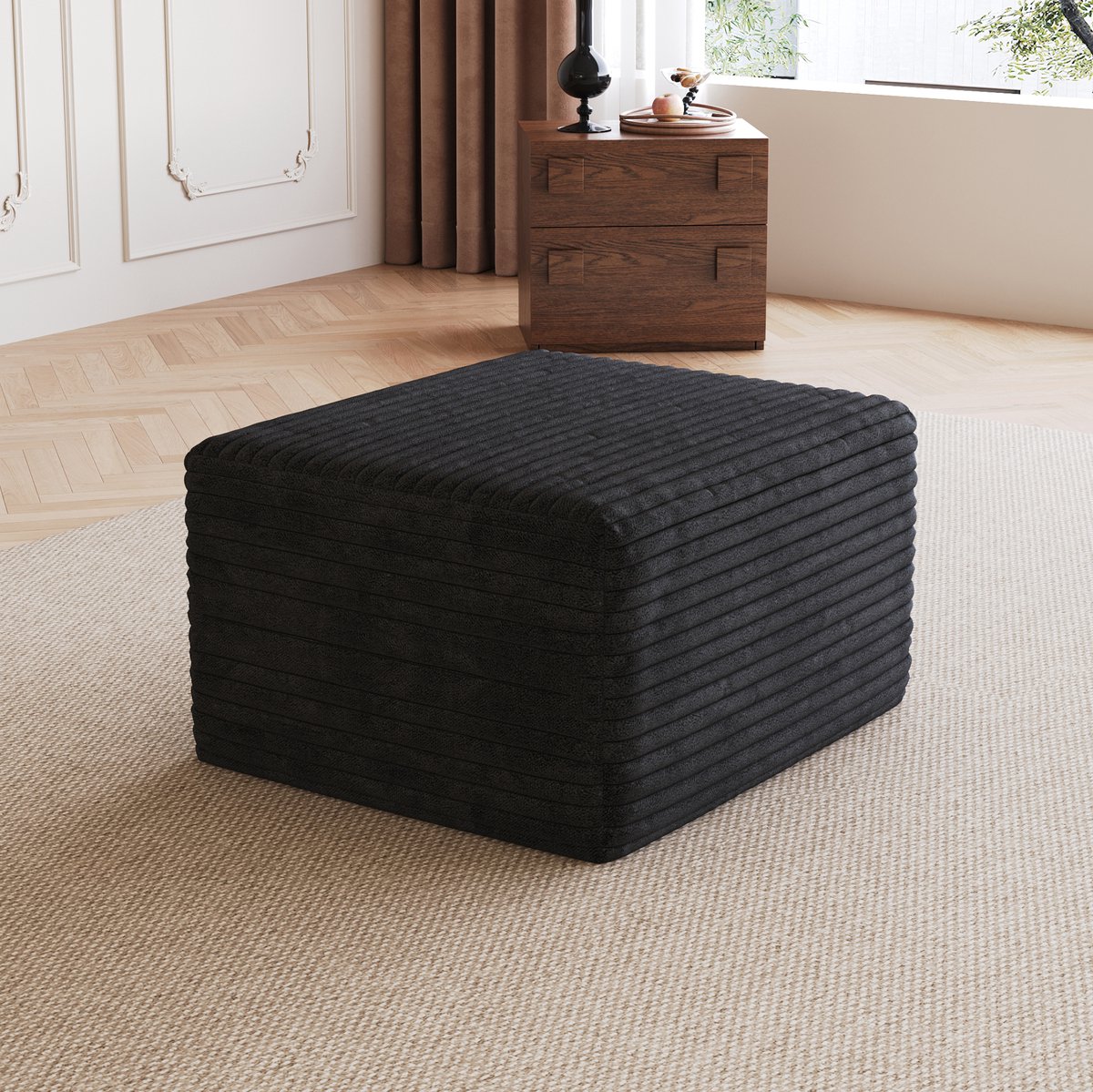 Wishdor Poef - Zwarte ribstof ottoman - Zacht gestoffeerd en zonder montage - Design - Woonkamer slaapkamer voor binnen - Ribstof - Zwart - 65 x 60 x 38 cm