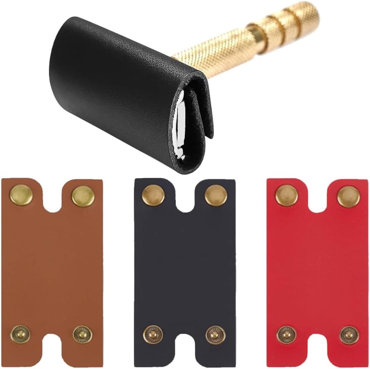 3 Stuks PU Leren Beschermhoes voor Dubbelzijdige Scheermesjes - Reis Etui met Drukknop, Ideaal voor Mannen, Scheeraccessoires en Bescherming van Bladen