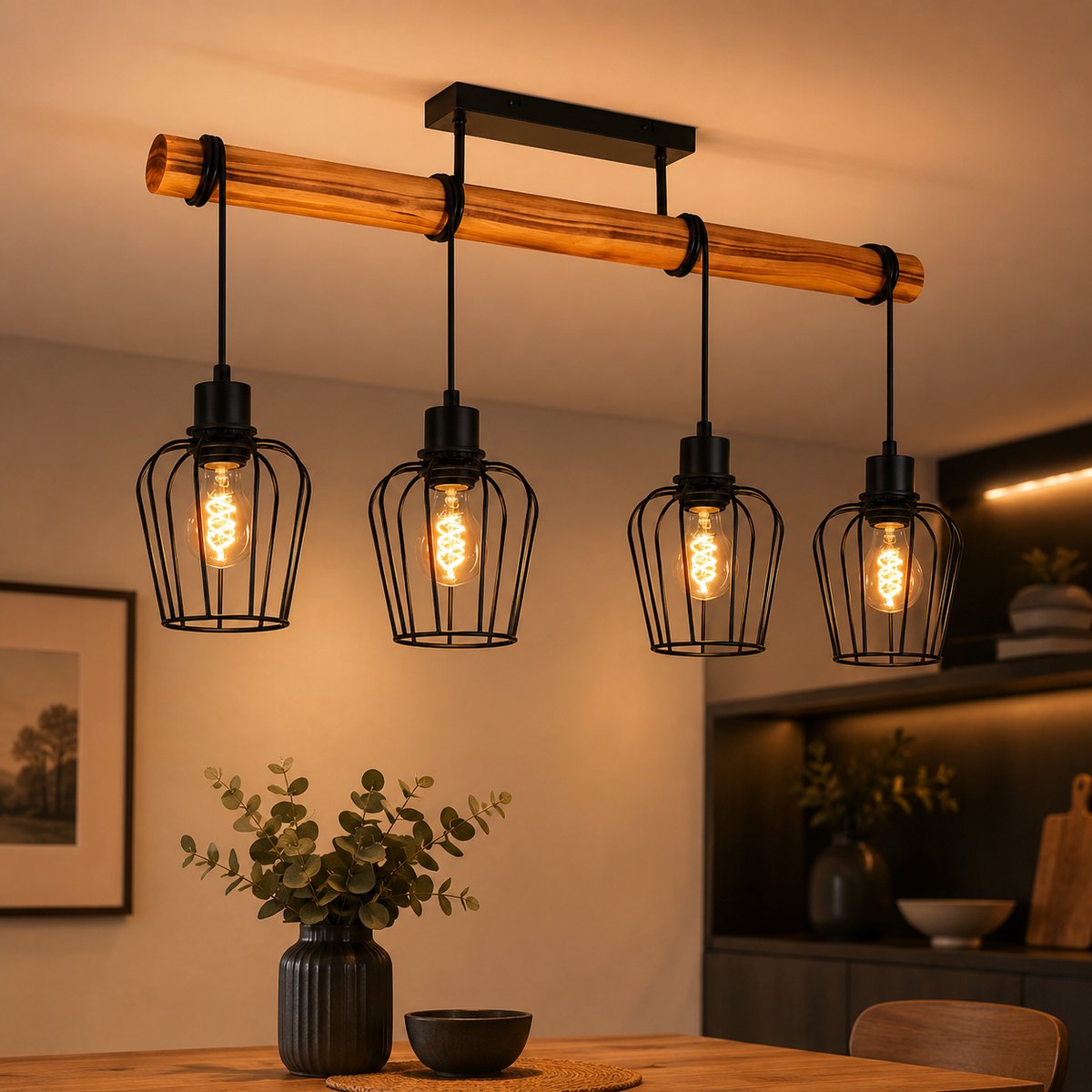 Retro plafondlamp, industrieel houten plafondlamp voor woonkamer, zwarte lamp voor keuken en eettafel, E27 fitting