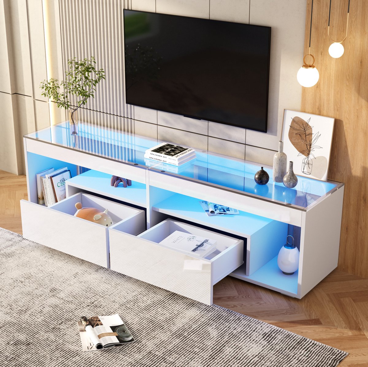 MODENUIT Tv Meubel - Hoogglans Met Led En Twee Lades - Voor Woonkamer En Slaapkamer - Wit - 180x40x46 Cm