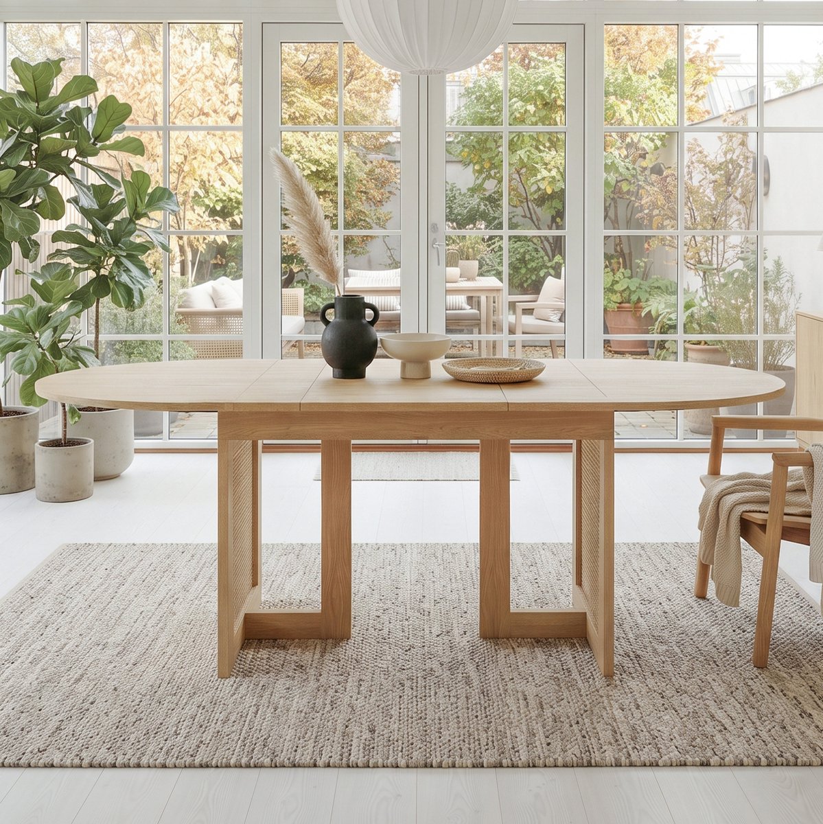 Wishdor Eettafel - Ovaal en uitschuifbaar - Afgeronde hoeken met rotan poten - Scandinavisch - Eetkamer woonkamer - MDF - Eikenhout - 160 x 80 x 75 cm