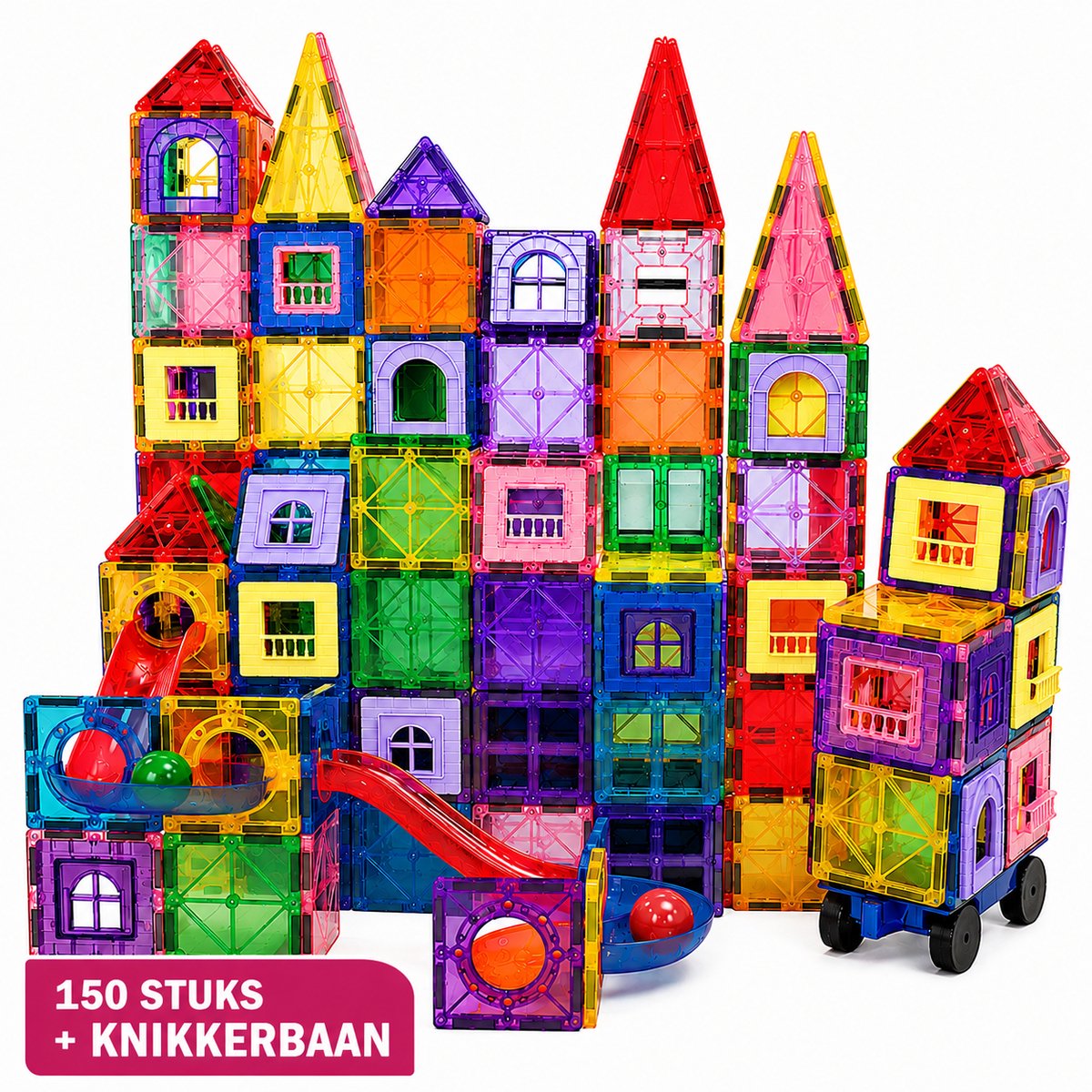 By Baboo® Magnetic Tiles 150 Stuks + Knikkerbaan + Auto + 100 Bouwopdrachten - Magnetische Tegels Blokken Speelgoed Cadeau Jongens Meisjes Constructie - Montessori Educatief Kinderspeelgoed 3 Jaar, 4 jaar, 5 jaar, 6 jaar, 7 jaar, 8 jaar, 9 jaar