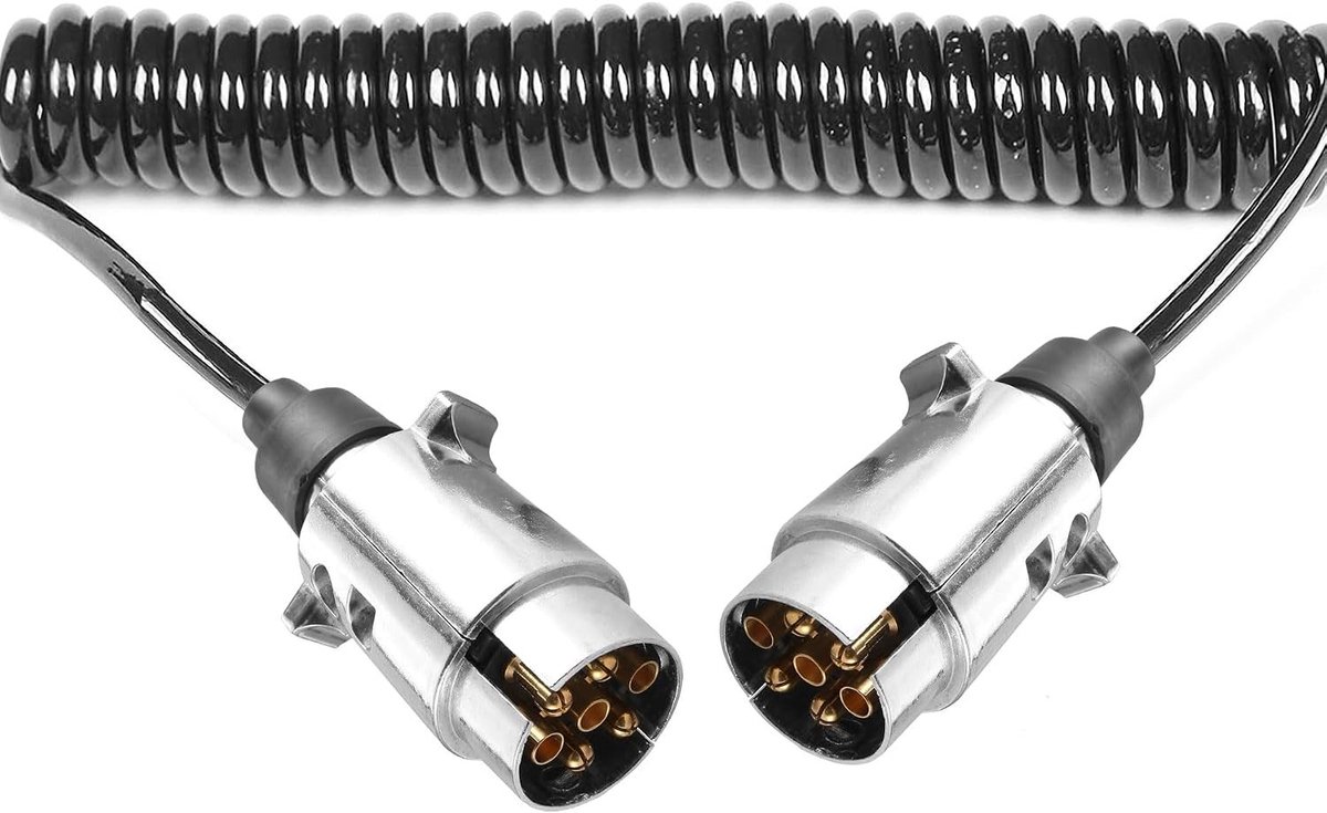 Verlengsnoer voor aanhangwagen tot 2,2 m - 12 V 7-polige spiraalkabel met metalen stekker en 7-7 pin aansluiting