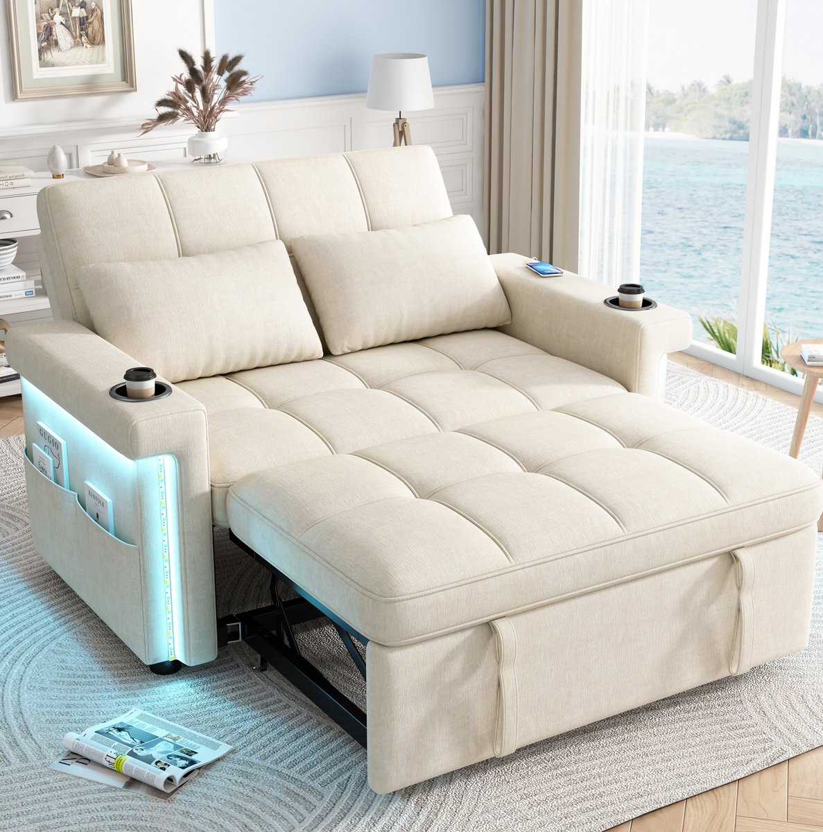 Wishdor 2-zits slaapbank - Verstelbare rugleuning - LED en USB/Type-C - Modern design - Woonkamer logeerkamer filmavond - Chenille stof - Beige - 145 x 141,5 x 90 cm