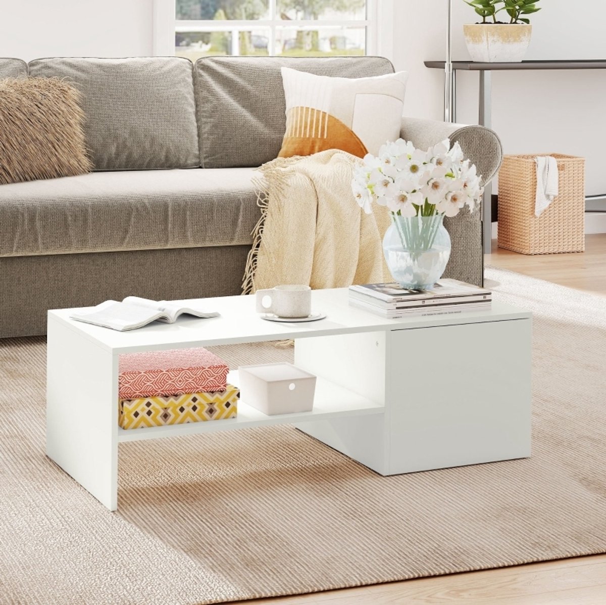 MODENUIT Salontafel - Verstelbaar Tafelblad Met Opbergruimte - Voor Woonkamer - Hout - 110x52x36 Cm - Wit