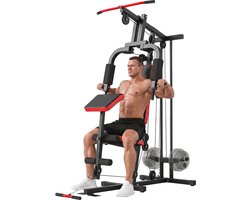 SPORTNOW Multi-Exercise Gym Station-Stahl, Kunstleder-136L x 107B x 205H cm-Schwarz+Rot