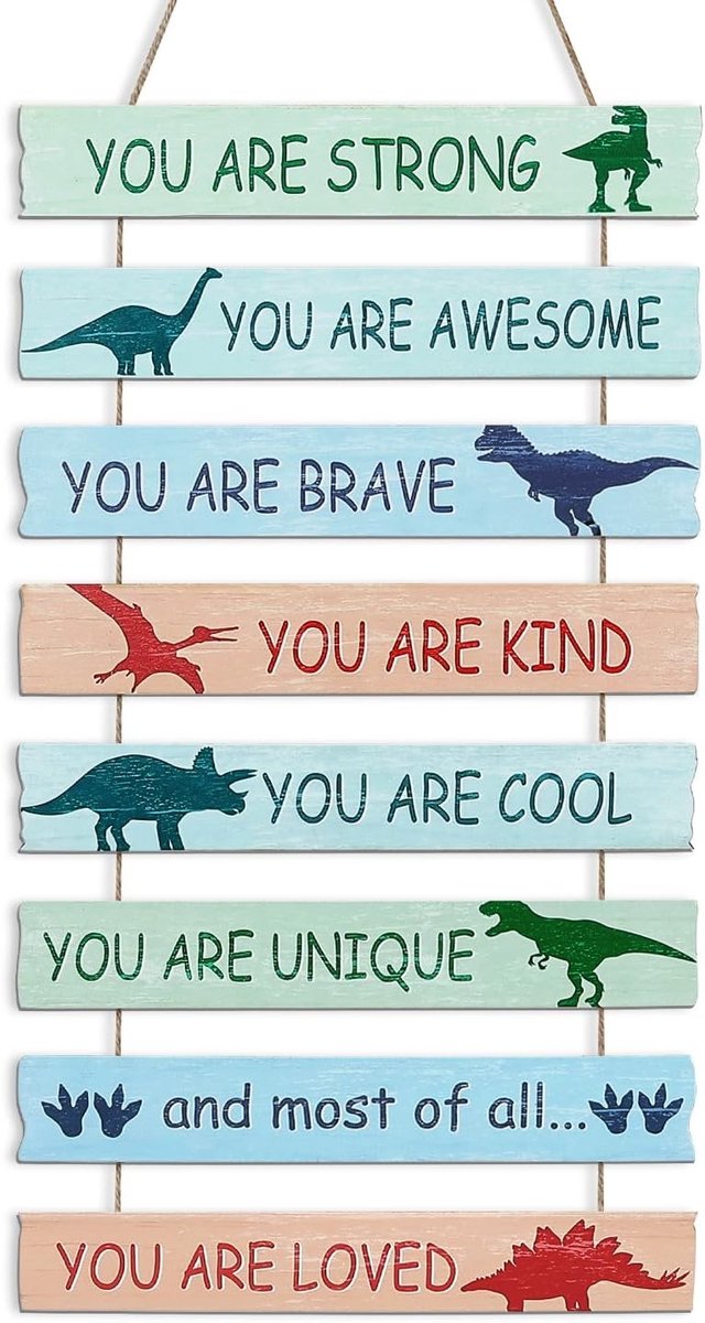 8-delige Dinosaurussen Wanddecoratie voor Kinderen, Houten Hangbord met Bemoedigende Teksten voor Jongenskamer en Speelruimte