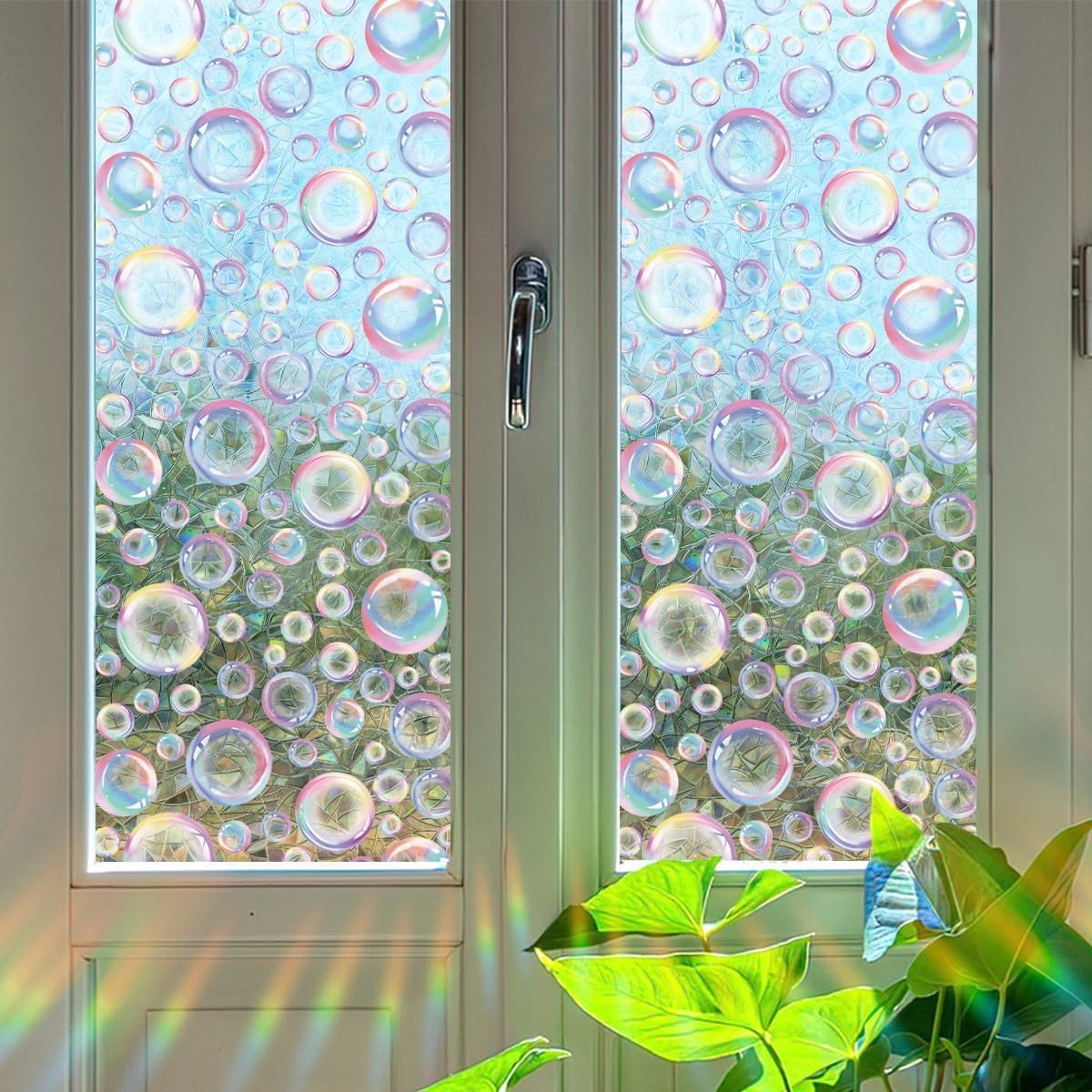 Privacy Film voor Raamdecoratie met Regenboog Bellen en 3D Effect - Kleurige Dots Stickers, Static Clings 40 x 101,6 cm voor Bohemian Interieur
