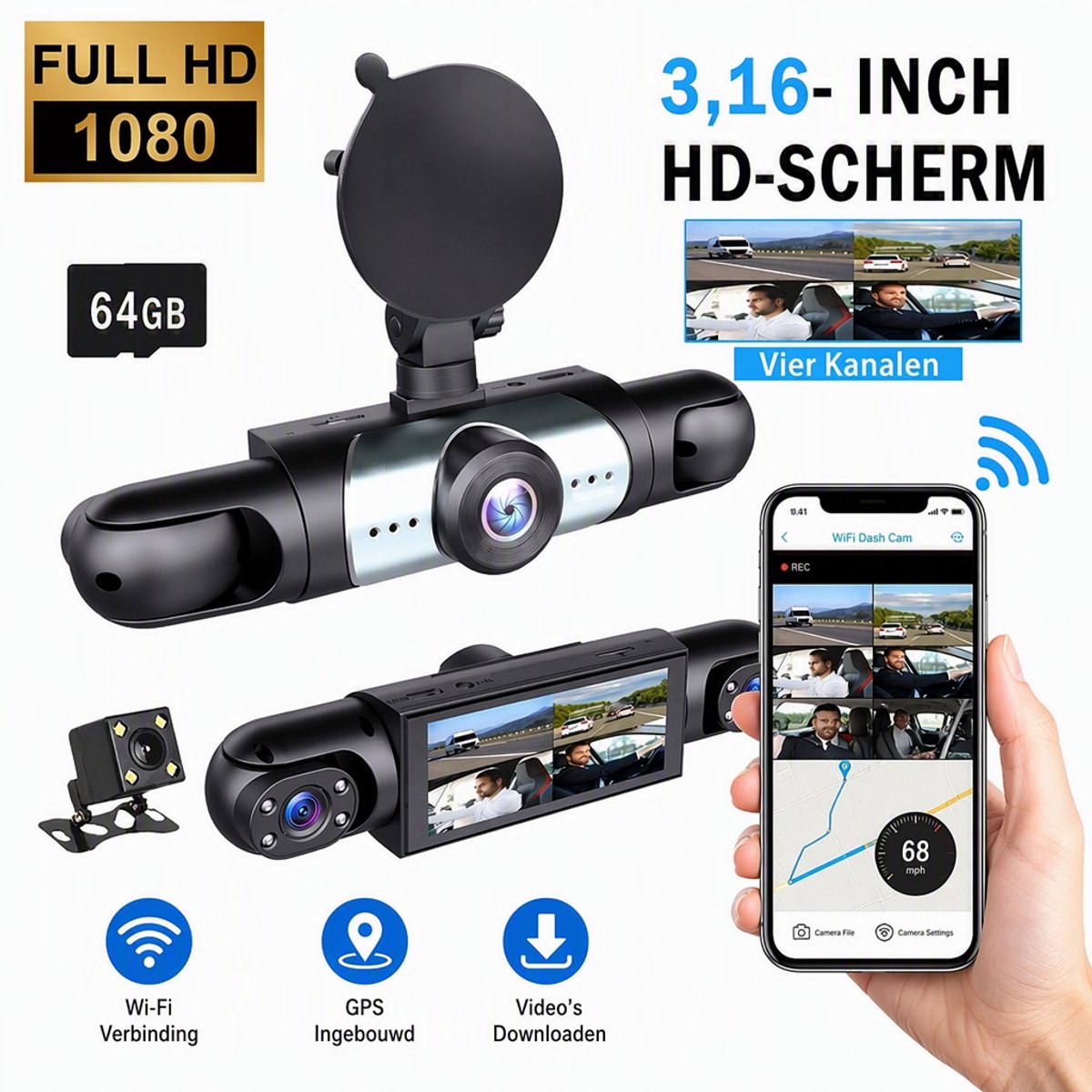 TEKROA® Dashcam Auto - Dashcams - 4 Lenzen (Voor, Achter, Links, Rechts) - 1080P Full HD - WiFi & GPS - Nachtzicht - G-Sensor - Parkeerbewaking - 3,16 Inch met App - Incl. 64GB SD-Kaart - zwart