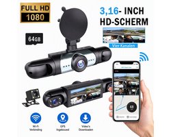 TEKROA® Dashcam Auto - Dashcams - 4 Lenzen (Voor, Achter, Links, Rechts) - 1080P Full HD - WiFi & GPS - Nachtzicht - G-Sensor - Parkeerbewaking - 3,16 Inch met App - Incl. 64GB SD-Kaart - zwart