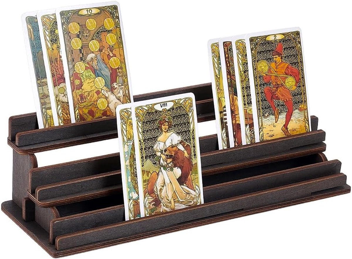 3-Staps Bordspel Kaarthouder, Donkerbruin, Speelkaarten Displaystand, 29 x 10 x 7 cm, Ideaal voor Bordspellen, Organisatie en Decoratie