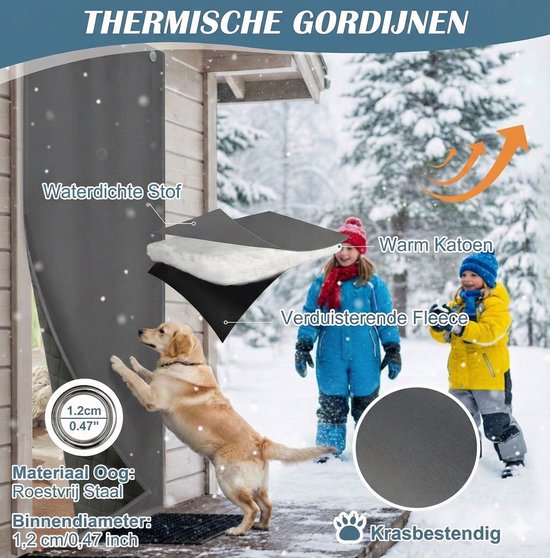 Donkergrijs thermisch gordijn met waterdichte stof, warm katoen en verduisterende fleece. Twee kinderen in winterkleding en een hond. Metalen oogjes.