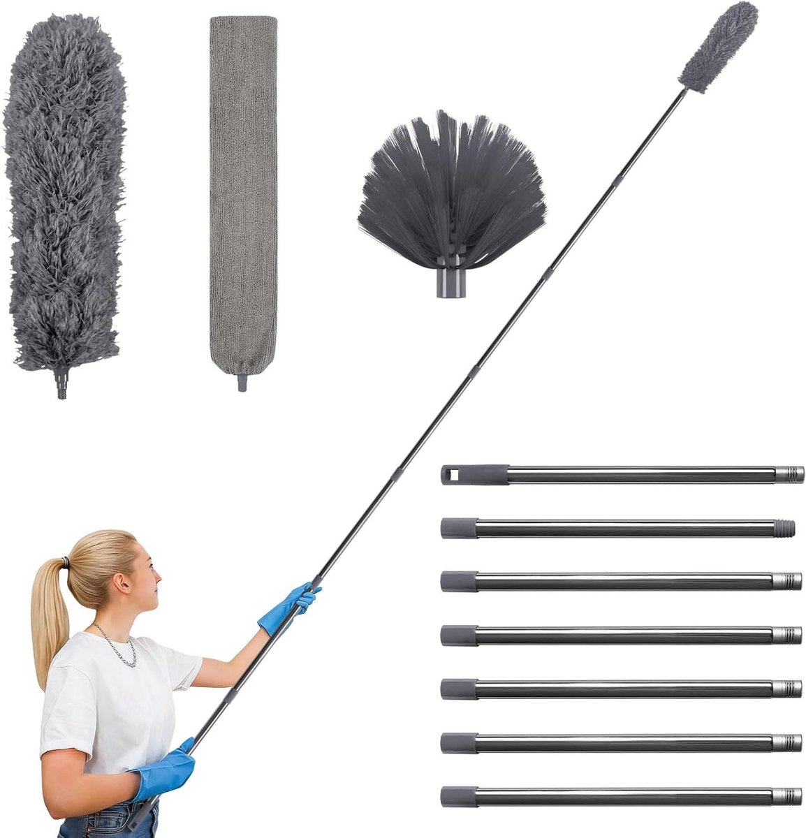 Reinigingsset Stof - Plumeau Bezem - Hoge Oppervlakken - Uittrekbaar Telescoop - 310 cm - Grijs