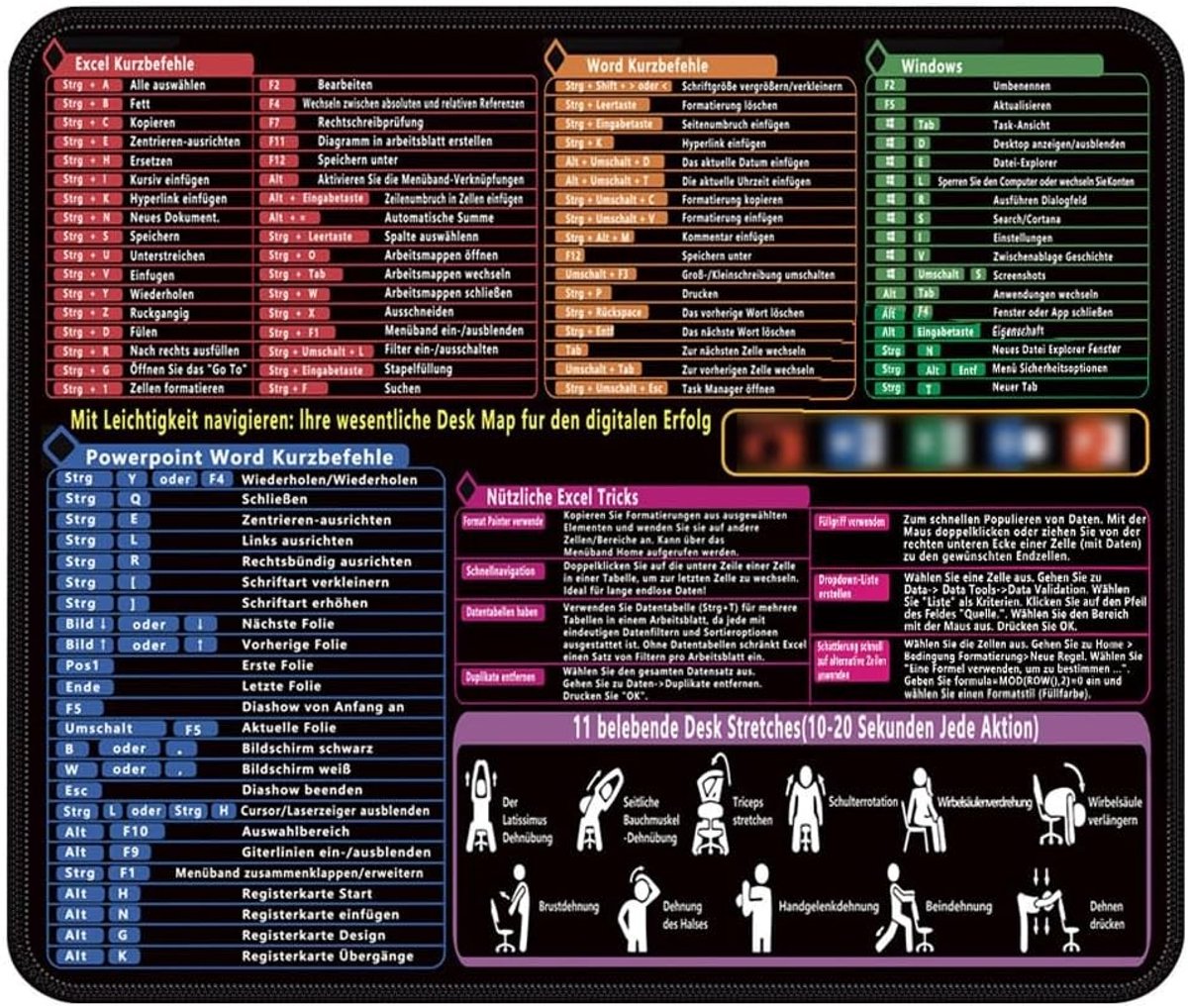 Grote Gaming Mouse Pad met Excel Shortcuts in het Duits, 300x250x3mm, Antislip Bureau Ondergrond voor Thuis en Kantoor
