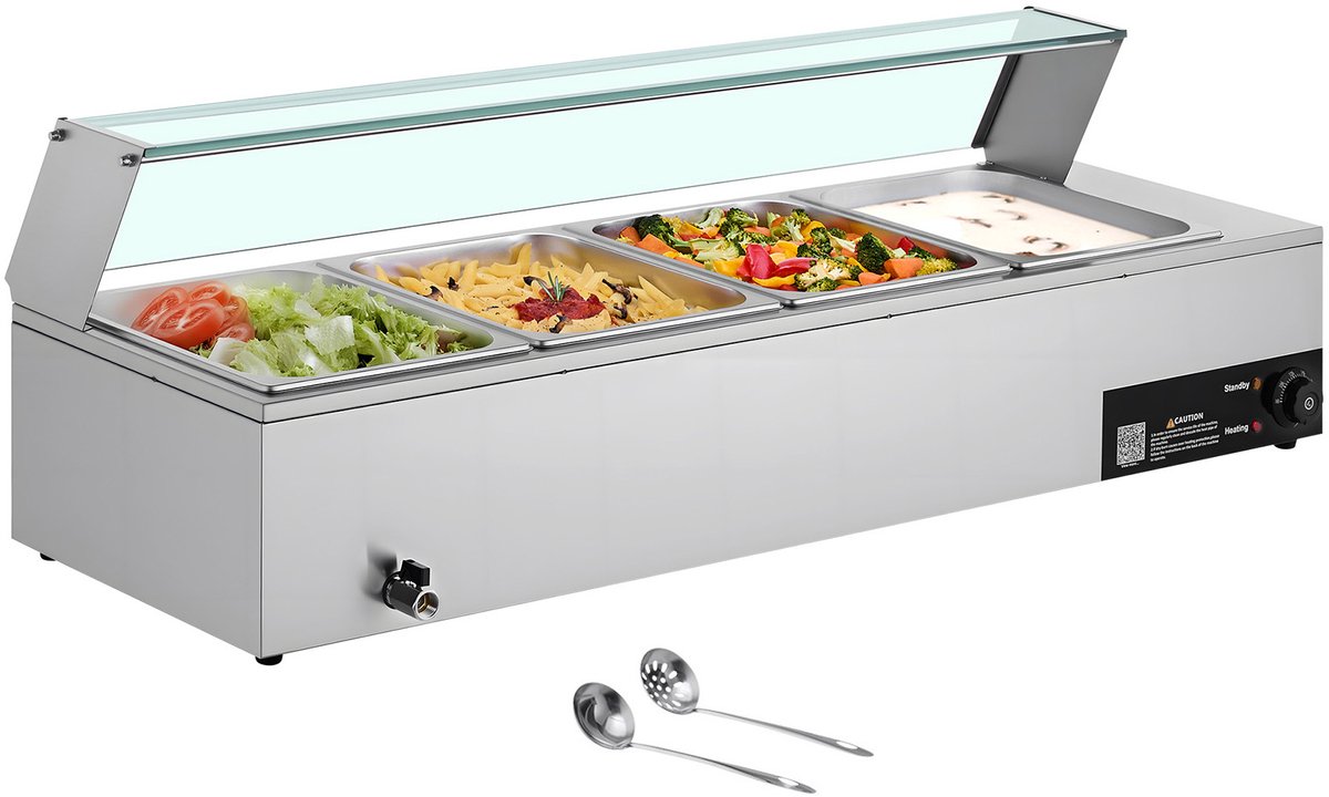 Commerciële Voedselverwarmer (4 X 1/2 Formaat Bakken), 1,5 kW Elektrische Roestvrijstalen Verwarmer met Glazen Deksel en Lepel, Buffetset voor Catering, Restaurants en Evenementen