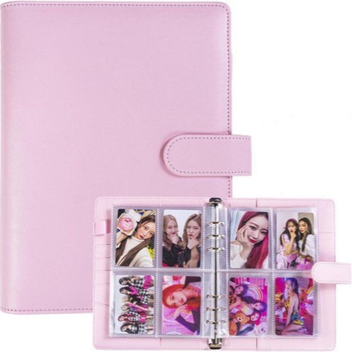1 stuks‑PU fotoalbum‑opbergen van foto's en instax kaarten‑macaron‑stijl‑met ringband‑4 vakken, 30 pagina's‑23,1x17,5x2,8cm‑roze