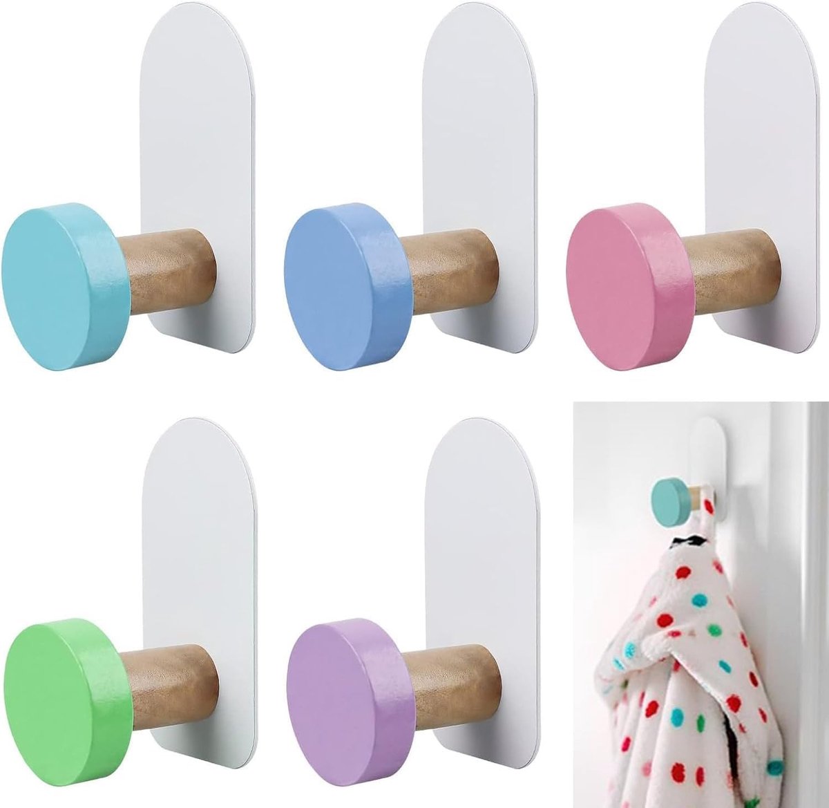Set van 5 kleurrijke zelfklevende haken voor handdoeken, kleding, sleutels en hoeden - Ideaal voor kinderen en multifunctioneel gebruik