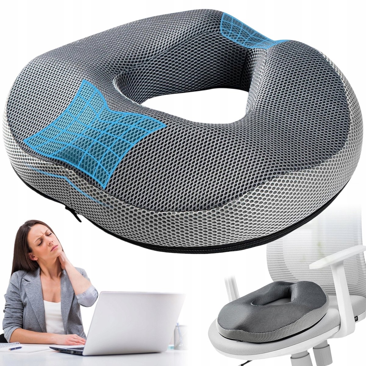 Zitkussen Orthopedisch - Stuitkussen Ergonomisch - Wigkussen Traagschuim - Hol Ontwerp - Pijnlijke Stuit - Antislip - Ademende Hoes - Voor Thuis Auto en Bureaustoel - Zitcomfort