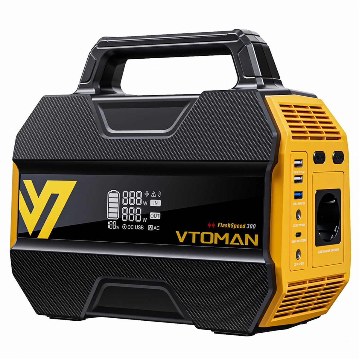 VTOMAN FlashSpeed ​​300 draagbare powerbank, 230Wh LiFePO4-batterij, 300W wisselstroomuitgang, 600W piekvermogen, 7 poorten, 100W USB-C-ingang/uitgang, 3 USB-A-poorten, 12V/10A gelijkstroomuitgang, 90W gelijkstroomingang