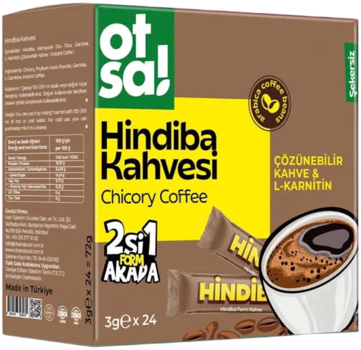 Otsa Hindiba Kahvesi – Cichoreikoffie met L-Carnitine & Psyllium – Instant Koffie – 24 Sticks x 3 g