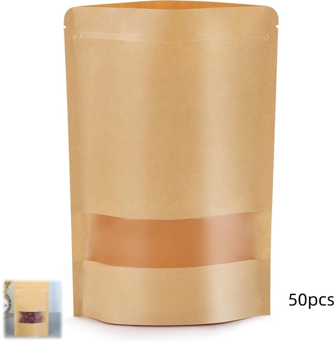 50 stuks - zelfsluitende zakken - kraftpapier sta - op zak‑hersluitbare vensterzak - kraft papieren zakken - 28 micron dik - zelfstaand,herbruikbaar - 18cm x 26cm inzet‑noten,thee,snacks,voedselopslag - bruin