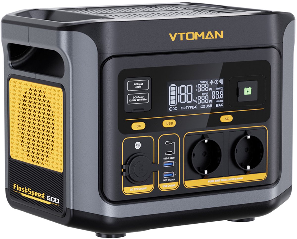 VTOMAN FlashSpeed ​​600 draagbare powerbank, 499Wh LiFePO4-batterij, 600W wisselstroomuitgang, 1200W piekvermogen, V-Beyond-technologie, 2x 100W USB-C PD, 400W snelladen via wisselstroom, UPS-back-up, uitbreidbare capaciteit