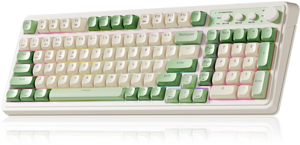 AULA S99 Gaming‑toetsenbord-draadloos groen‑crème computertoetsenbord- Driemodus Bluetooth/2,4GHz/USB‑C membraantoetsenbord met nummerblok-99 toetsen-RGB-programmeerbaar-romige siliconen structuur