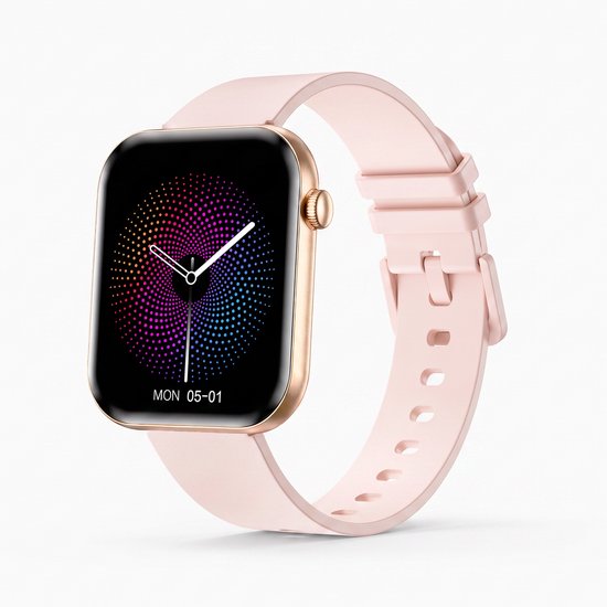 Gouden smartwatch met een lichtroze siliconen band en een wijzerplaat met een gekleurd patroon van stippen.