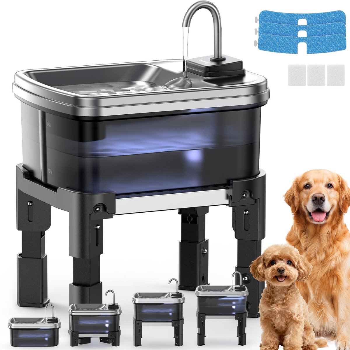 Drinkfontein Hond 9L met Verstelbare Hoogte, RVS Drinkbak, Stil Waterreservoir met Filtersysteem voor Honden en Katten