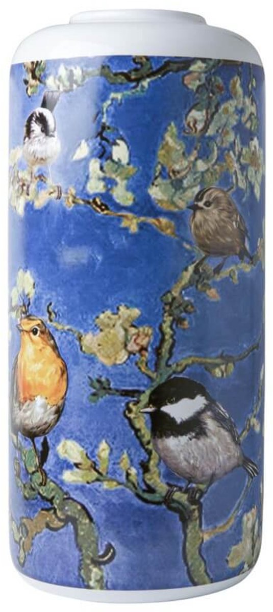 Heinen Delfts Blauw Cilindervaas Vogels van Van Gogh - Keramiek - 31 cm Multicolor