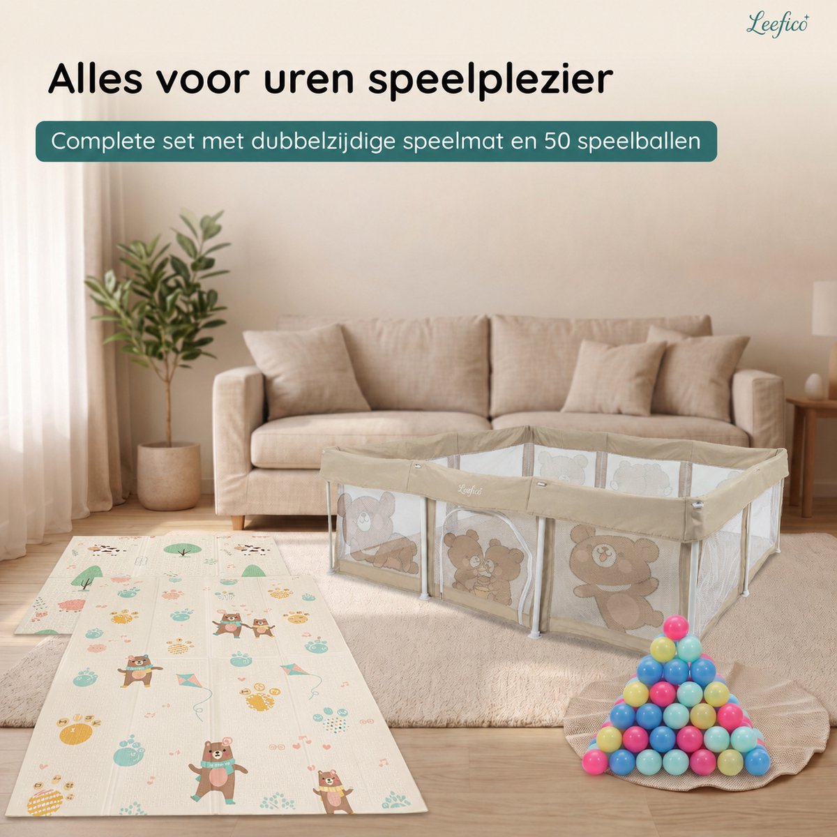 Leefico Grondbox Baby 180x120 cm - Zeer snel inklapbaar - Opvouwbare Baby Box met Speelmat - Speelbox - Kinderbox - Playpen Baby - Beer Patroon Beige – foto 2