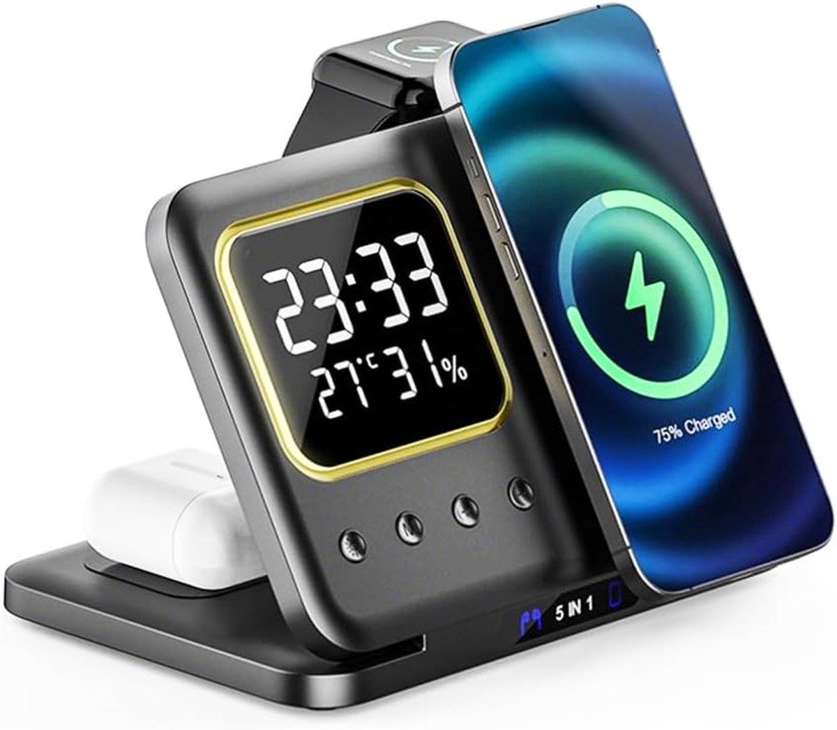 5-in-1 Multifunctionele Draadloze Oplader | Digitale Klok | 15W Snelladen | Nachtlampje | Temperatuurweergave | MagSafe-compatibel | iPhone | iWatch | Qi-koptelefoon | Zwart