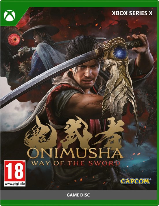 Jeu Xbox Series X 'Onimusha: Way of the Sword' avec un homme brandissant une épée et des créatures démoniaques en arrière-plan.
