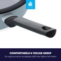 Grijze, ergonomische koudgreep van een BK pan, die koel blijft tijdens het koken.
