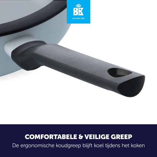 Grijze, ergonomische koudgreep van een BK pan, die koel blijft tijdens het koken.