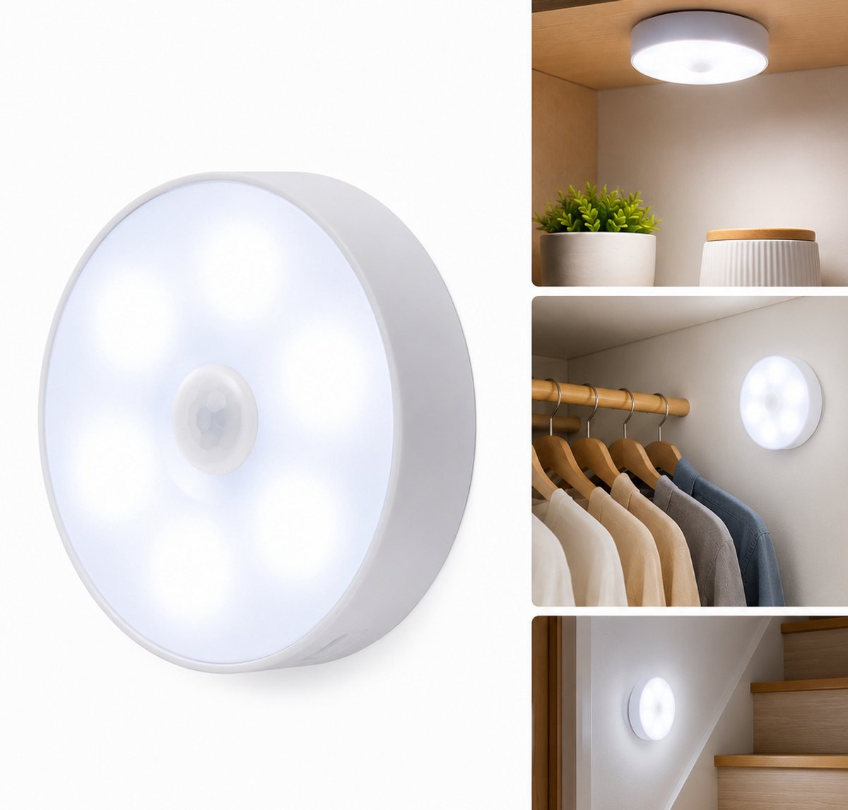 Draadloze LED Lamp met Magneet – Oplaadbare Nachtlamp – 3 Lichtkleuren – Dimbaar 10-100% – 8 LED – USB Oplaadbaar – Kastlamp – Nachtlampje – Rond 8,5 cm