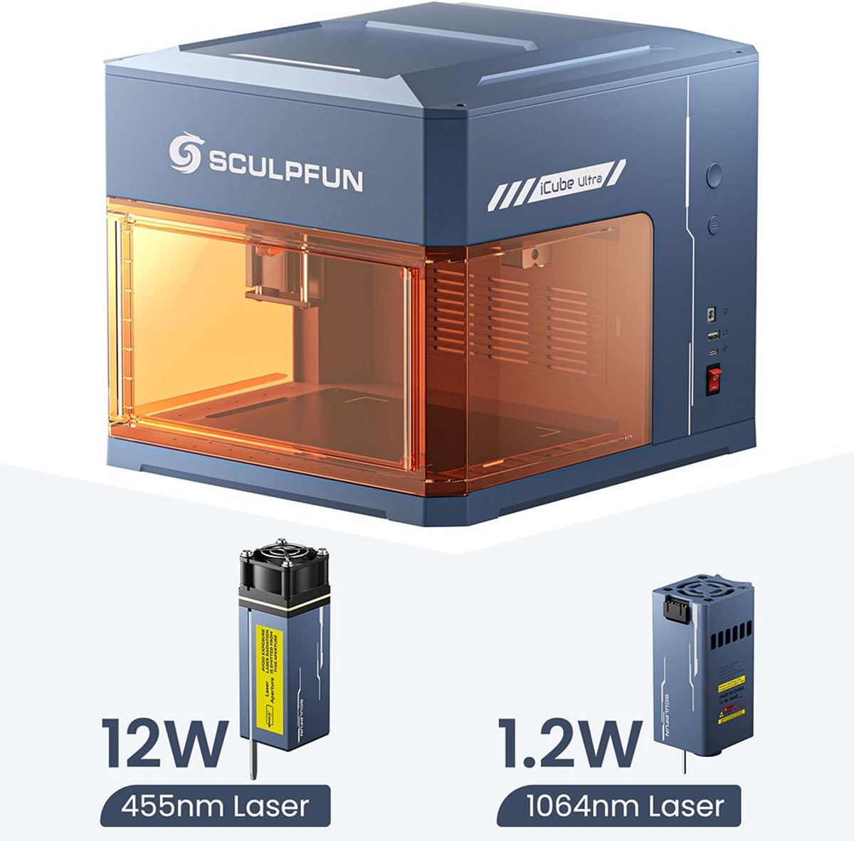 SCULPFUN iCube Ultra Dual 12W+1,2W lasergraveerder, snelheid van 10.000 mm/min, werkgebied van 150x135 mm, ingebouwd rookfilter, 4 lichtmodi, eenvoudig te monteren