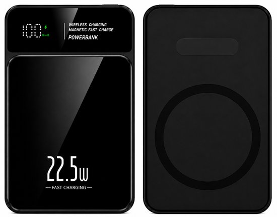 Zwarte powerbank met 100% batterij-indicator, 'WIRELESS CHARGING MAGNETIC FAST CHARGE POWERBANK' tekst, 22.5w snelladen aanduiding. Achterkant toont een magnetische ring.