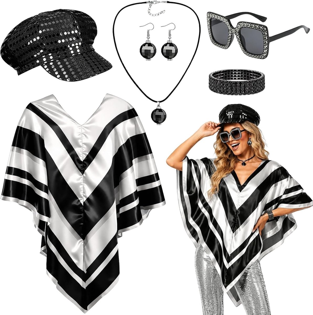 Stijlvol discokostuumaccessoires voor vrouwen met poncho, pailletten, zonnebril en baret voor 70s themafeest